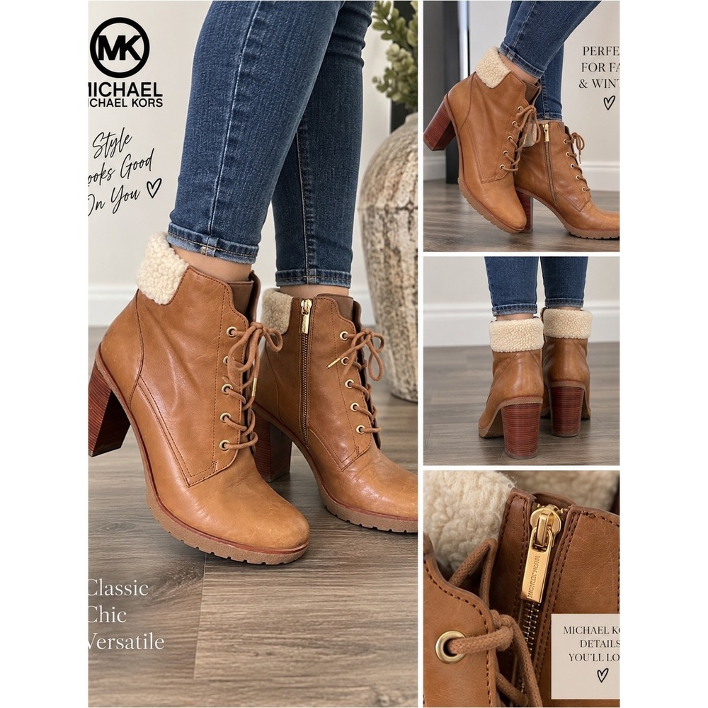Michael Kors Tan Leather Shearling Trim Lace Up Ankle Boots Size 11M GP150